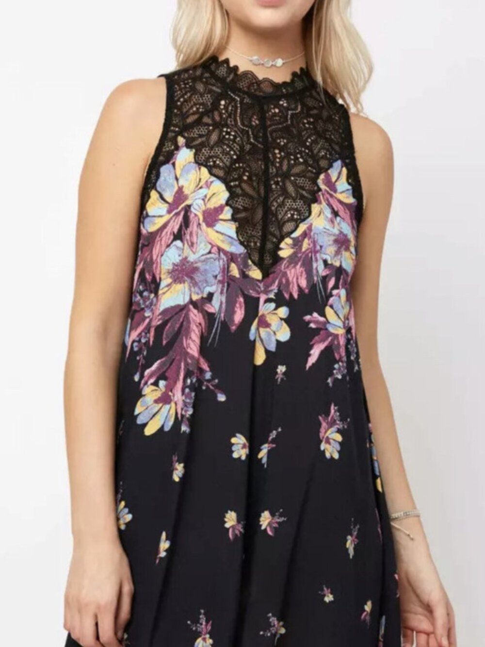 Free People Marsha Lace Slip Dress Medium Black Floral Sheer Mock Neck Mini